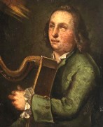 A painting of a person playing a harp
Description automatically generated